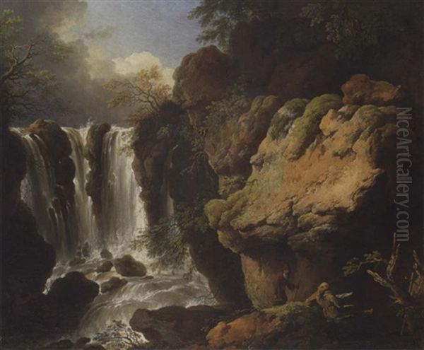 Two Hermits By A Waterfall In A Rocky Landscape Oil Painting by Christian Wilhelm Ernst Dietrich