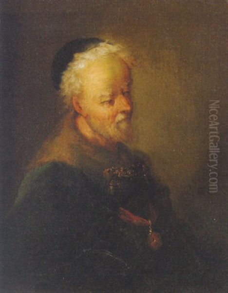 Portrait Of An Old Man In A Fur-lined Coat Wearing A Medal Oil Painting by Christian Wilhelm Ernst Dietrich