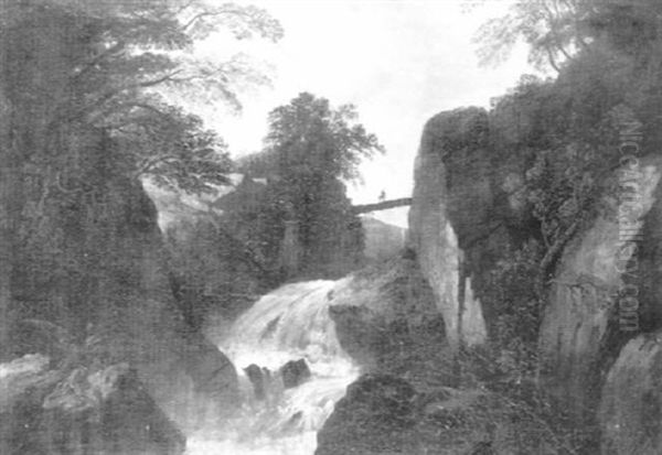 Paysage Boise A La Cascade Avec Un Pont De Bois Oil Painting by Christian Wilhelm Ernst Dietrich