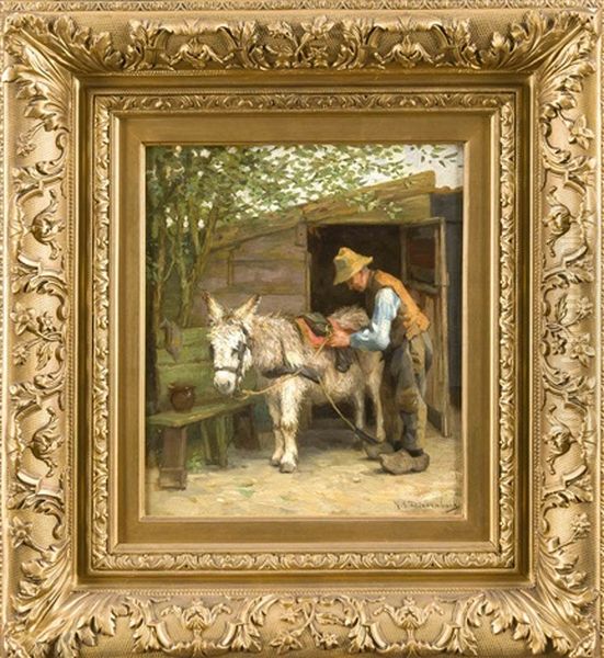 Hollander Sattelt Einen Esel Oil Painting by Hendricus Anthonius Dievenbach