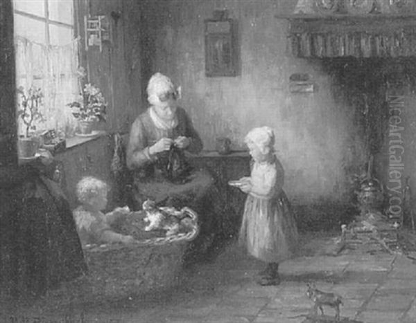 Mother And Children In Kitchen Oil Painting by Hendricus Anthonius Dievenbach