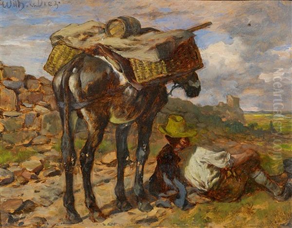 Rastender Eseltreiber Oil Painting by Wilhelm Von Diez