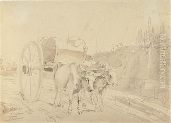 Buffelgespann In Italienischer Landschaft Oil Painting by Georg Maximilian Johann Von Dillis