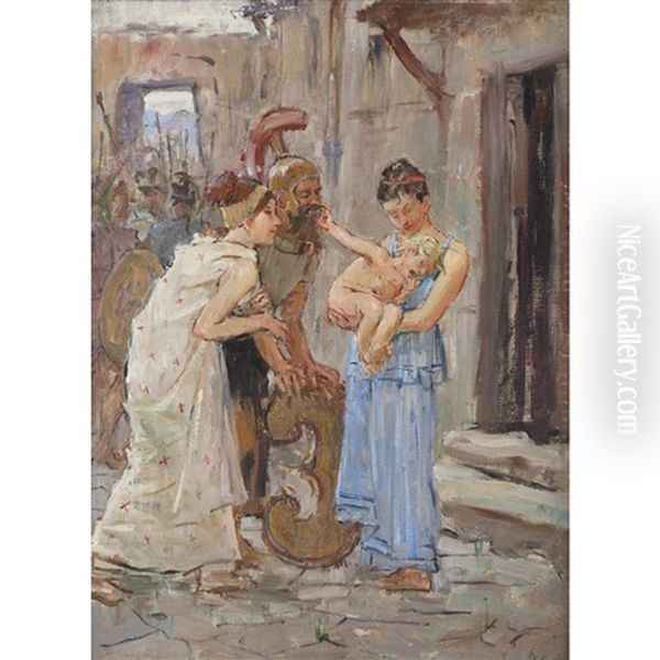 Astyanax Frightened By His Father, Hector In Armour, From The Iliad, Book 3 Oil Painting by Alphonse Etienne Dinet