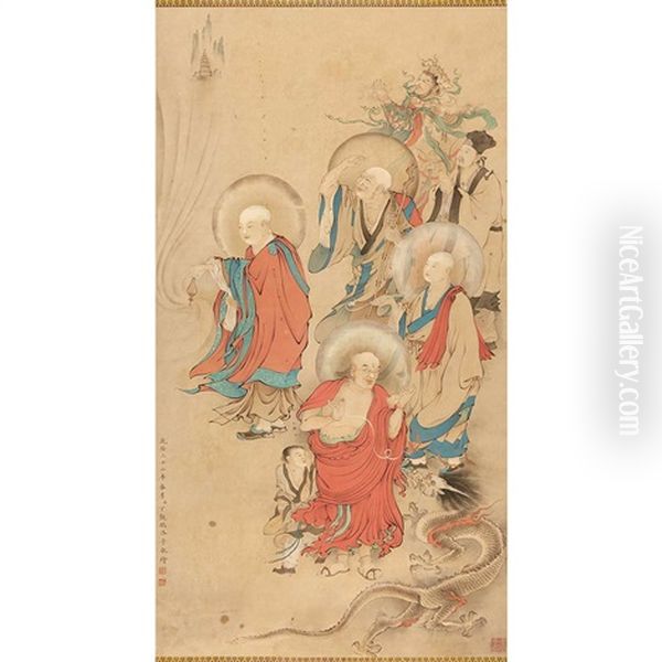 Hanging Scroll, Immortals And A Dragon Oil Painting by  Ding Guanpeng