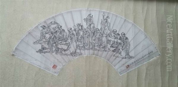 Ming Chinese Ink And Color Calligraphy Fan Scroll Oil Painting by Ding Yunpeng