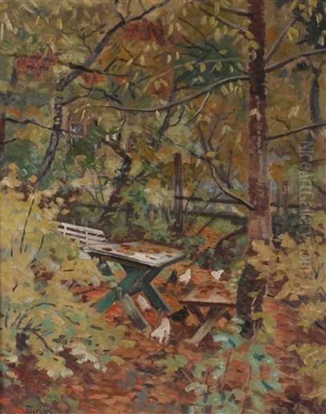 Hostlandskap Med Hagebord Og Benk Oil Painting by Karl Edvard Diriks