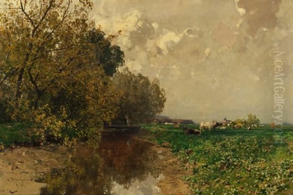 Bachlandschaft Mit Weidenden Kuhen Oil Painting by Adolf Gustav Ditscheiner