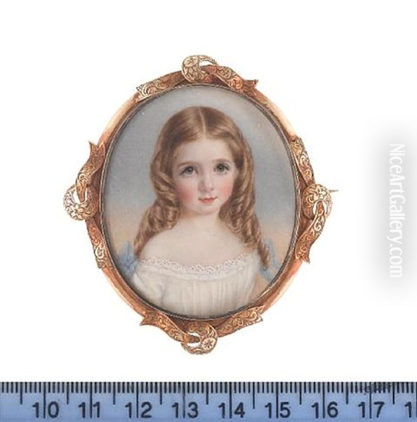 Edith Jane Woods As A Young Girl, Wearing White Dress With Lace Trim And Blue Ribbons At Her Shoulders, Her Blonde Hair Parted And Long In Loose Curls Oil Painting by Annie Dixon