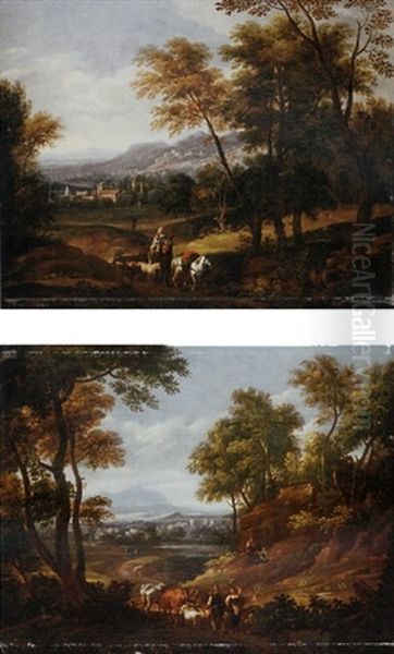 An Italianate Wooded Landscape With Peasants, Cattle And Gots On A Country Path, Mountains Beyond Oil Painting by Antonio Diziani