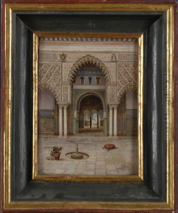The Alcazar, Interior Court Oil Painting by Jose Arias Ramirez