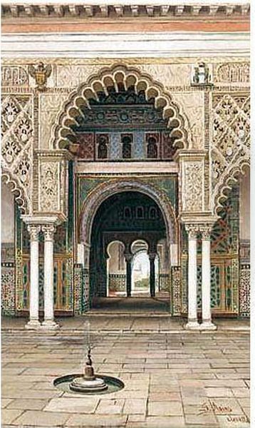 Interior De Los Reales Alcazares De Sevilla Oil Painting by Jose Arias Ramirez