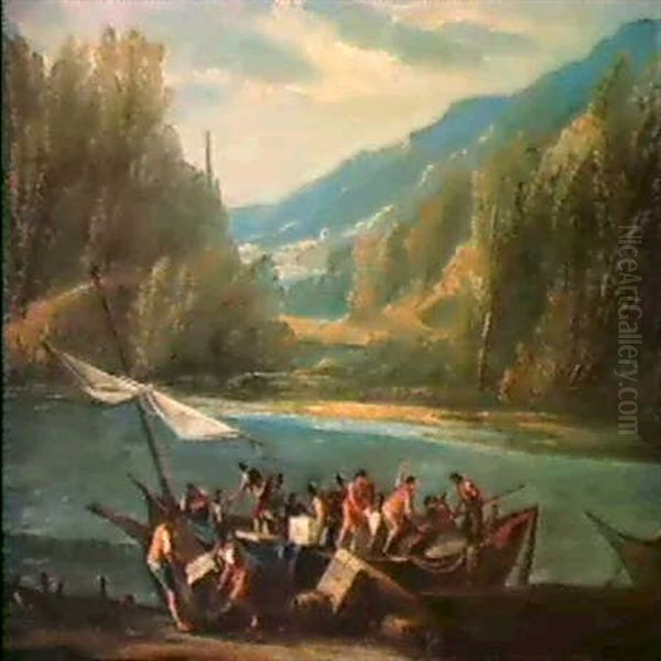 Paesaggio Fluviale E Barca Da Carico Con Figure Oil Painting by Gaspare Diziani