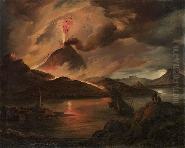 Die Bucht Von Neapel Bei Nacht Mit Dem Ausbrechenden Vesuv Oil Painting by Franz Joseph Dobiaschofsky