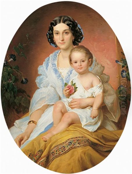Bildnis Einer Jungen Dame Mit Ihrem Kind Oil Painting by Franz Joseph Dobiaschofsky