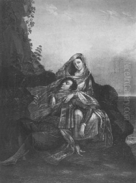 Ruhendes Liebespaar In Felsiger Kustenlandschaft Oil Painting by Franz Joseph Dobiaschofsky