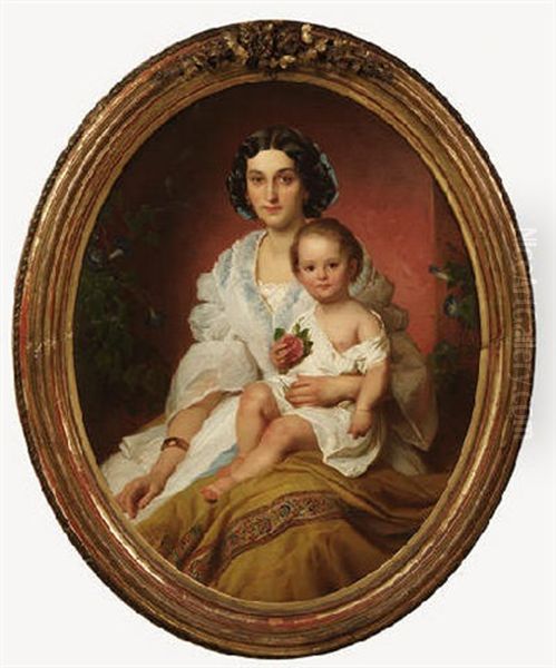 Vornehme Dame Mit Ihrem Kind Von Wicken Umrankt Oil Painting by Franz Joseph Dobiaschofsky