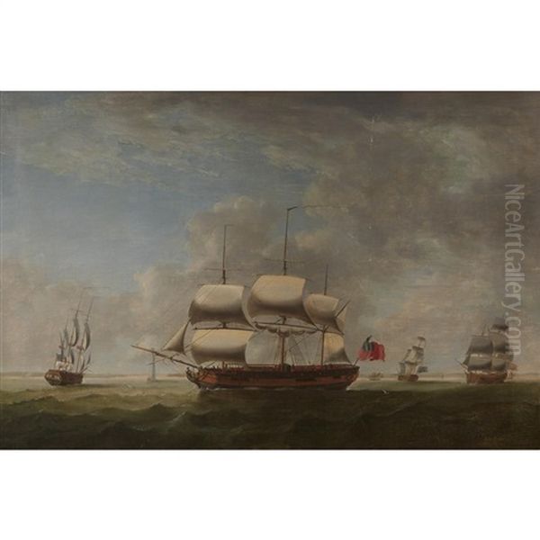 Ships Forming Up Into A Convoy Off The Eddystone Lighthouse, Cornwall, England, Probably Ahead Of A North-atlantic Crossing During The American War Of Independence Oil Painting by Robert Dodd