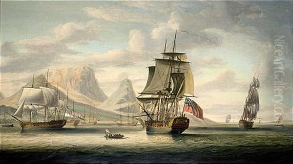 H.m.s. "southampton" Anchored Off Cape Town With Table Mountain In The Distance Oil Painting by Robert Dodd