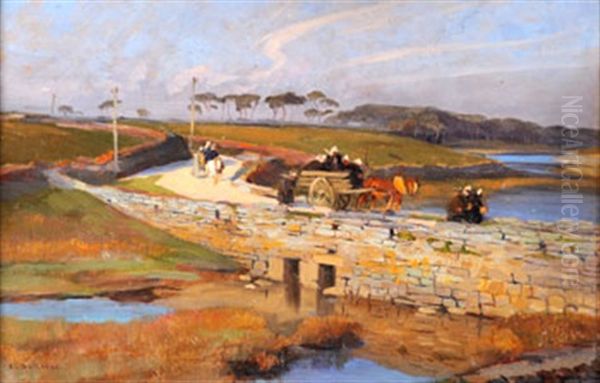 Promeneurs Traversant L'odet A Combrit Oil Painting by Edouard Edmond Doigneau