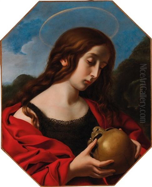 Mary Magdalene In Black And Red Robes Contemplating A Skull (in Collaboration W/workshop) Oil Painting by Carlo Dolci