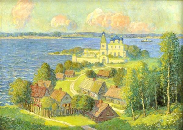 Fruhlingslandschaft Mit Kloster Und Dorf An Der Wolga Oil Painting by Eugeniusz Dolganow