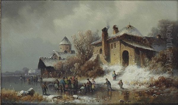 Figures On A Frozen River Close To A Village Oil Painting by Anton Doll