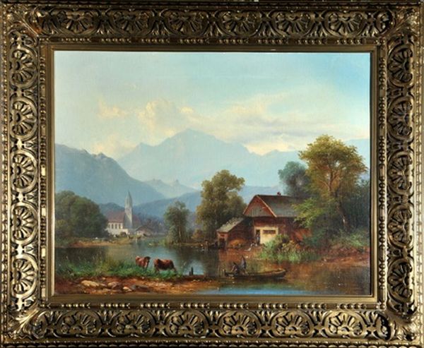 Bauerndorf Am See Vor Gebirge Oil Painting by Anton Doll