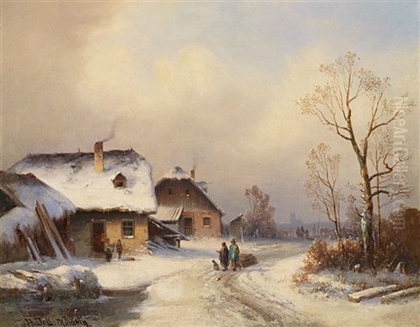 Verschneite Winterlandschaft Mit Malerischen Gehoften, Figurenstaffage Und Blick Auf Ferne Kirche Mit Doppelturmen (munchen?) Oil Painting by Anton Doll