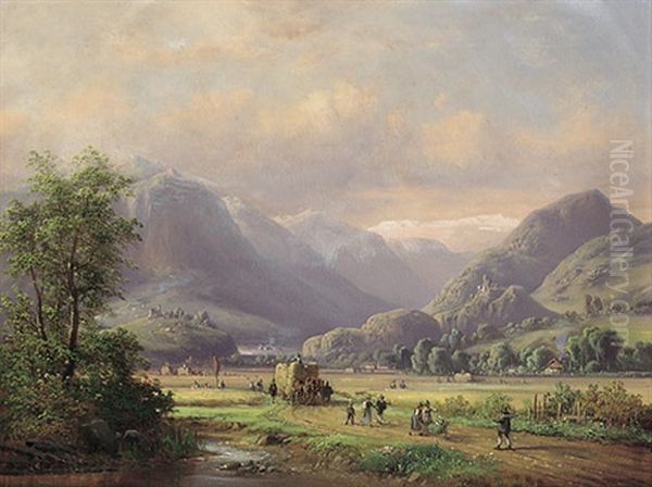 Abendliche Sommerlandschaft Bei Reichenhall Mit Hoch Beladenem Erntewagen Und Reicher Personenstaffage In Tracht Vor Gebirgshorizont Oil Painting by Anton Doll