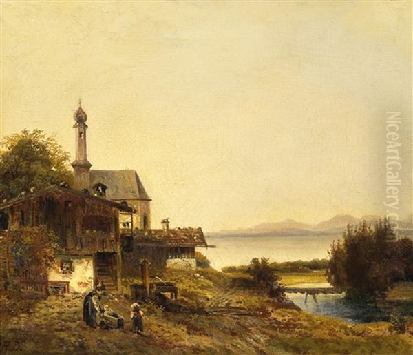 Chiemsee Mit Bauernhausern Und Kapelle Oil Painting by Anton Doll