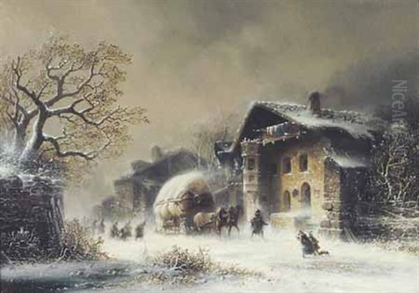 Winterliches Dorf Mit Zweispanner Oil Painting by Anton Doll
