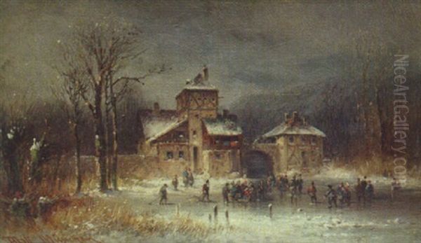 Vinterlandskap Med Skridskoakare Oil Painting by Anton Doll