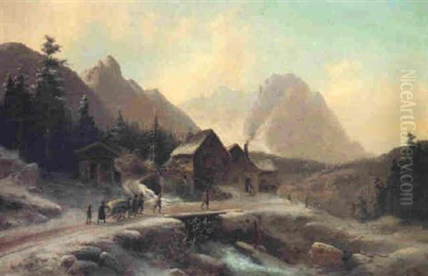 Bauern Vor Einer Muhle In Winterlicher Gebrigslandschaft Oil Painting by Anton Doll