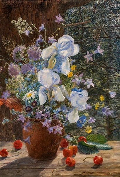 Blumenstillleben Mit Kirschen Oil Painting by Auguste Doll