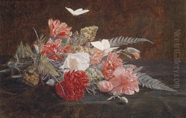 Blumenbouquet Mit Nelken Und Farnen Oil Painting by Auguste Doll