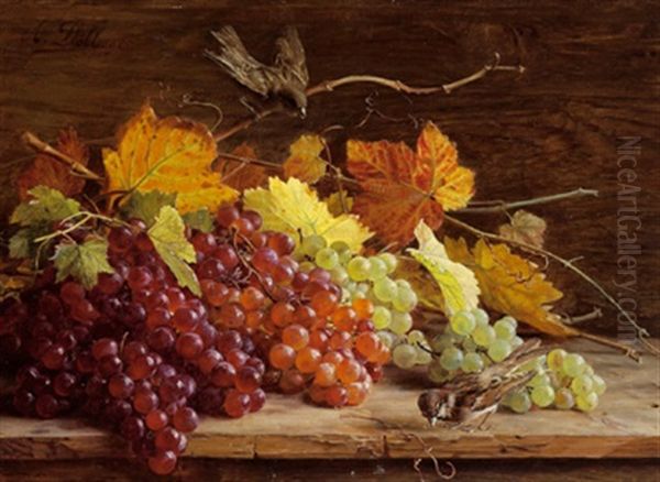 Stilleben Mit Weintrauben, Weinlaub Und Spatzen Oil Painting by Auguste Doll
