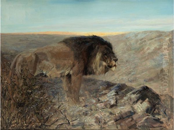 Lowe In Der Abendlandschaft Oil Painting by Carl von Dombrowski