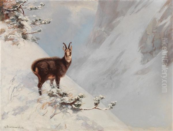 Chamois In The High Mountains Oil Painting by Carl von Dombrowski