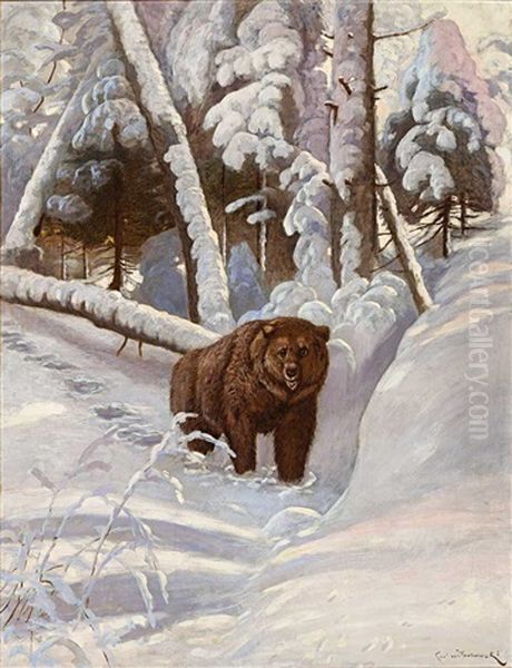 Braunbar Im Tief Verschneiten Wald Oil Painting by Carl von Dombrowski