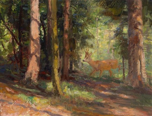 Junger Rehbock Auf Waldlichtung Oil Painting by Carl von Dombrowski