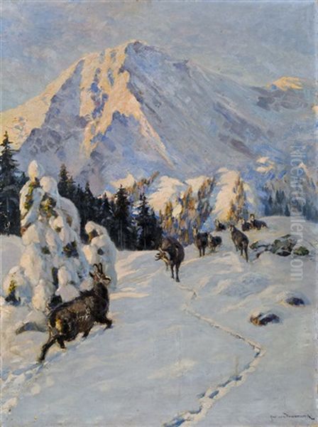 Gamsen In Winterlicher Gebirgslandschaft Oil Painting by Carl von Dombrowski