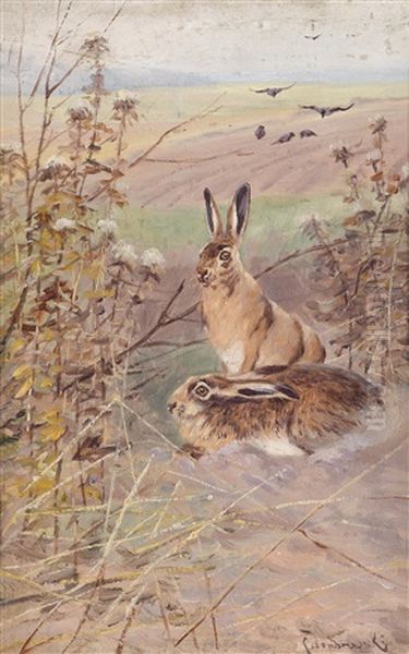Hasen Im Feld Oil Painting by Carl von Dombrowski