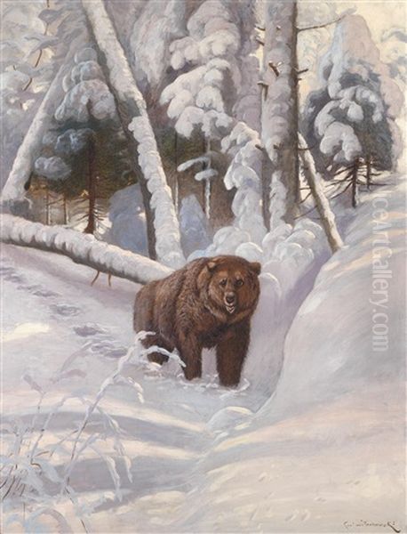 Braunbar Im Winterwald Oil Painting by Carl von Dombrowski