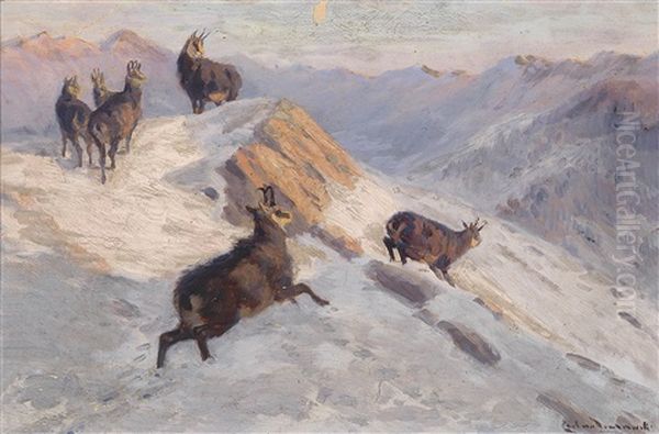 Gamsen Im Winterlichen Hochgebirge Oil Painting by Carl von Dombrowski
