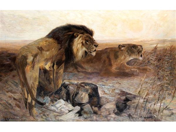 Lowenpaar In Weiter Wustenlandschaft In Abendstimmung Oil Painting by Carl von Dombrowski