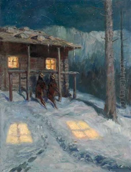 Gamsen Vor Einer Hutte Im Winter Oil Painting by Carl von Dombrowski