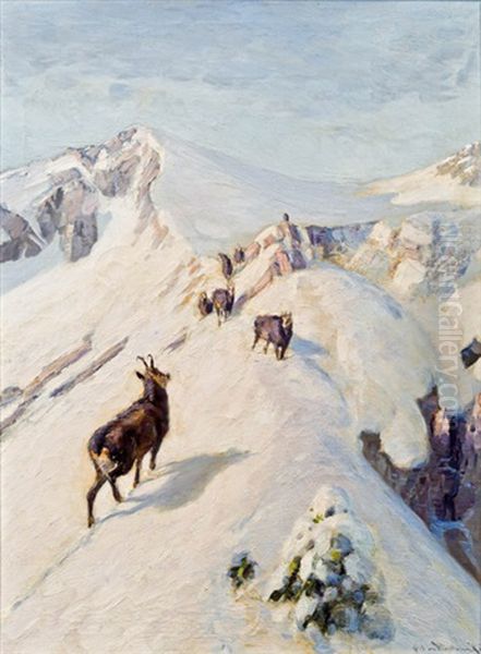 Gemsen In Winterlicher Berglandschaft Oil Painting by Carl von Dombrowski