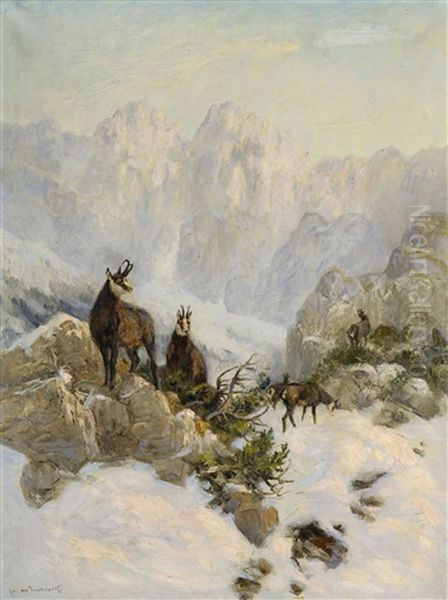 Gamswild In Winterlicher Gebirgslandschaft Oil Painting by Carl von Dombrowski