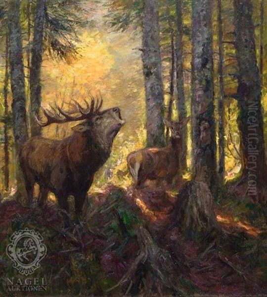 Waldinneres Mit Hirsch Und Reh Oil Painting by Carl von Dombrowski